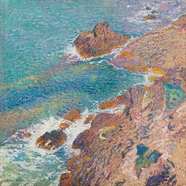 Rochers roses aux reflets d'or dans la mer à Collioure, circa 1925