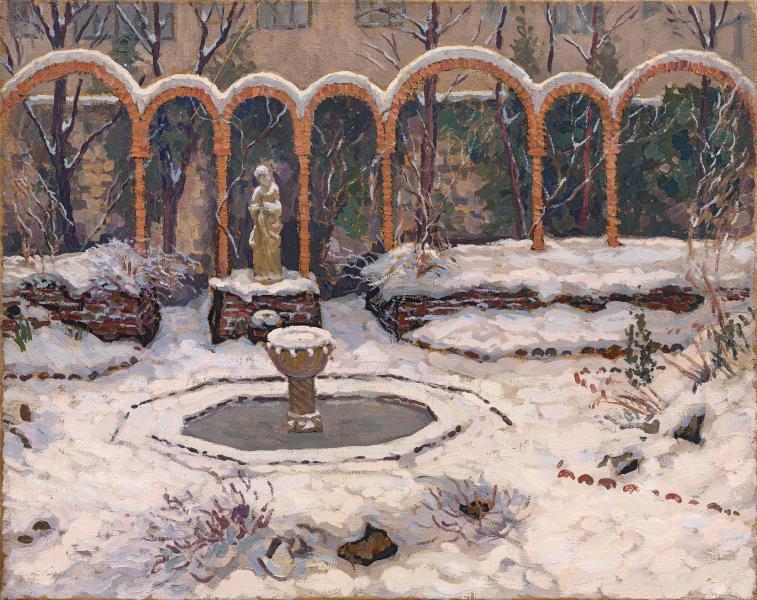 Neuilly, jardin sud sous la neige, bassin gelé et arceaux